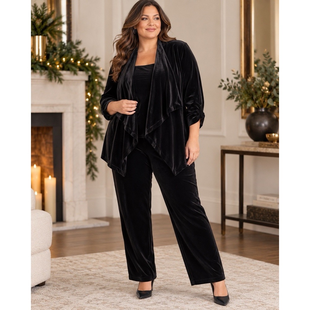 NWT Black Velvet 2 Piece Pant Set 1X Stretch Open Front Jacket Holiday